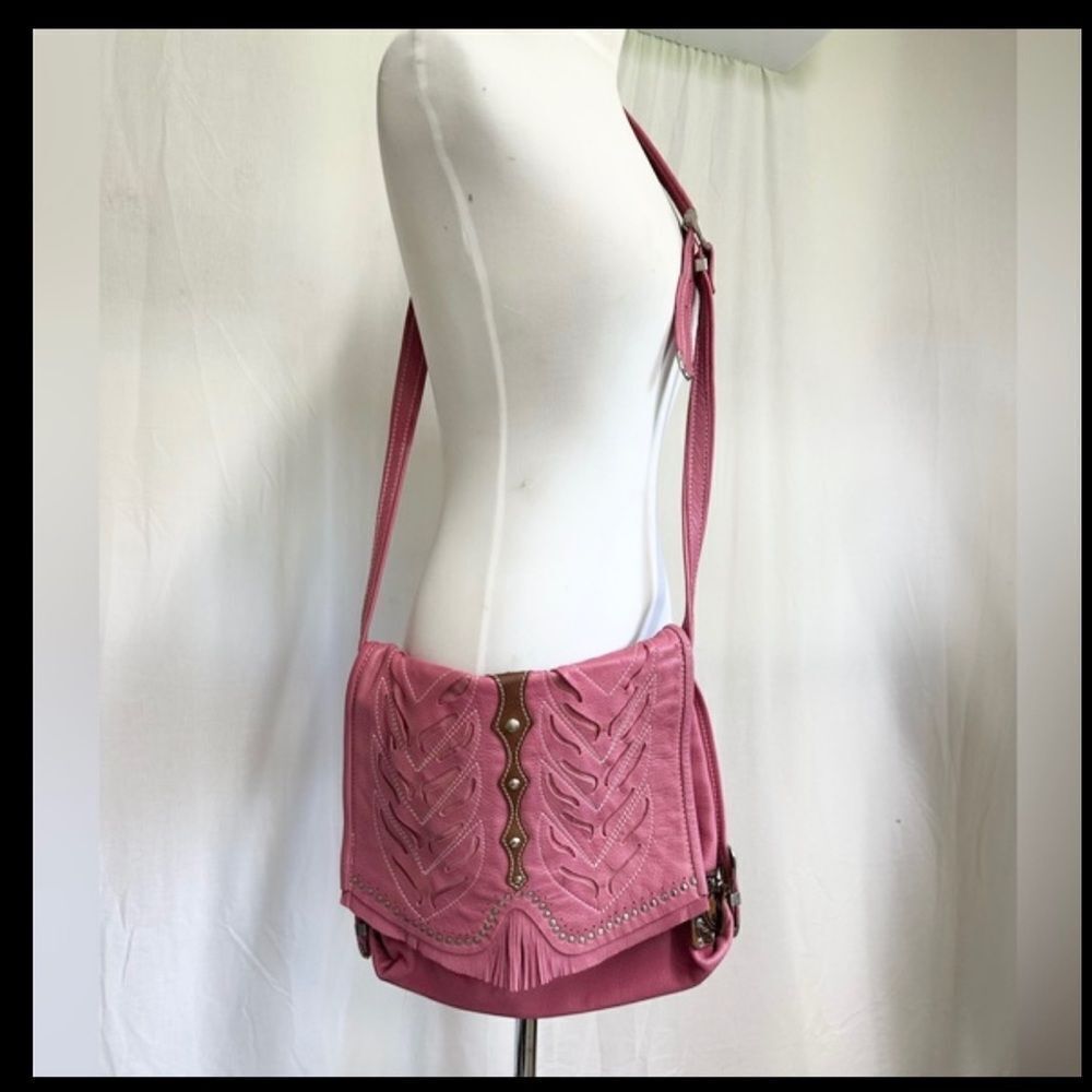 NEW Hector Riccione Pink Studded Tooled Leather Crossbody + Matching Coin Pouch